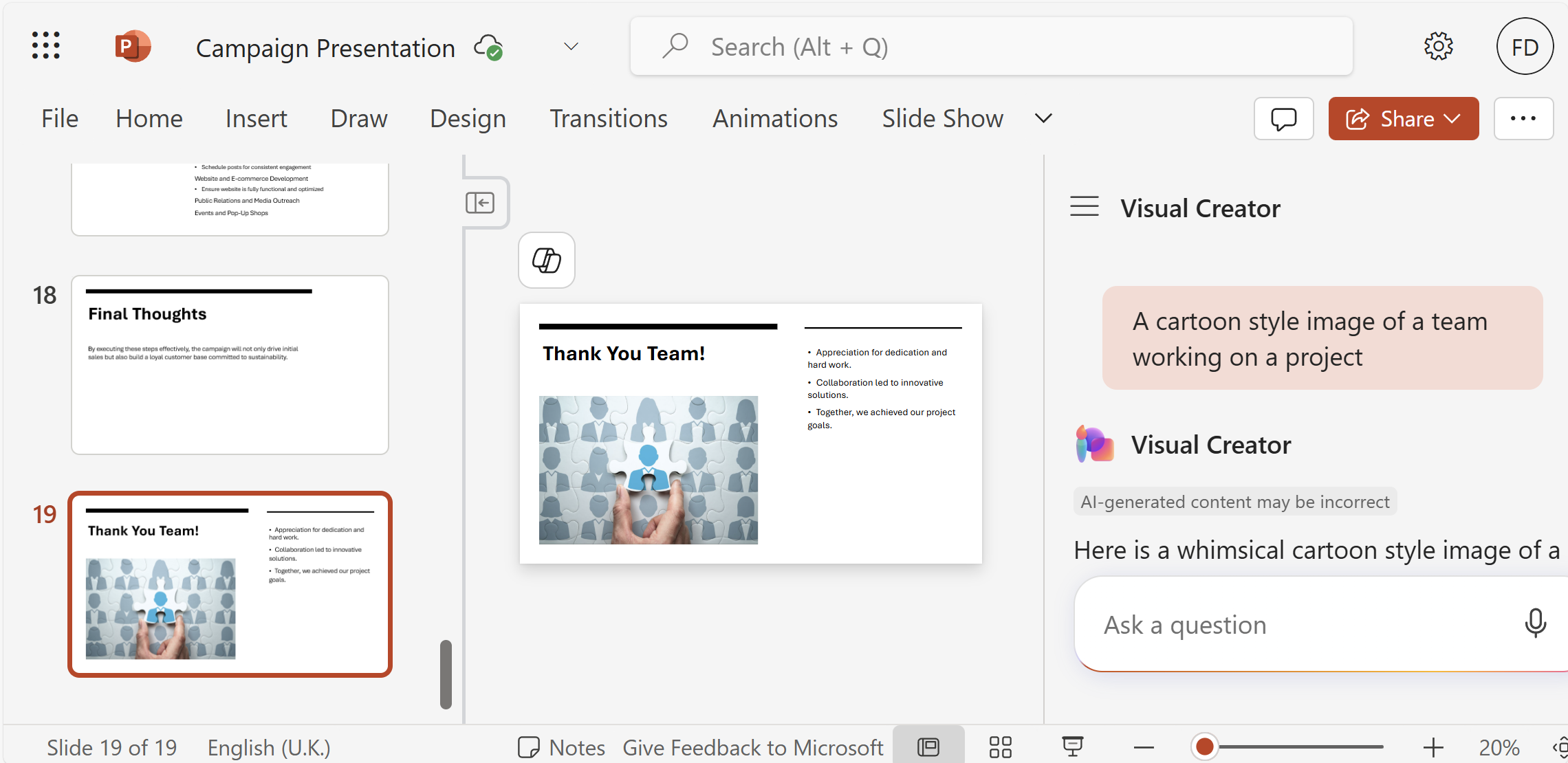 A screenshot of a PowerPoint slide with the Copilot chat open showing the conversation with a user asking to organize the slides.