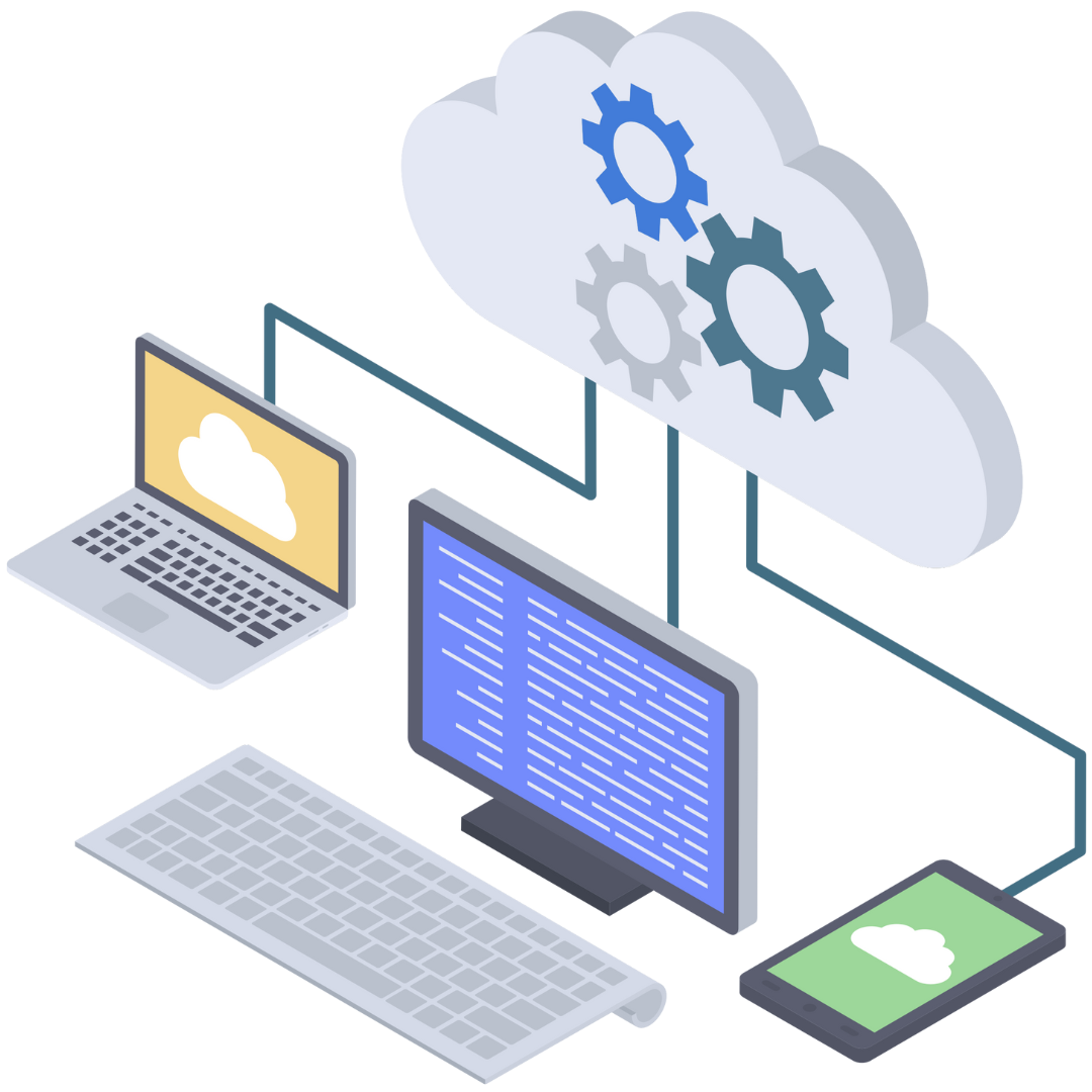A cloud icon with files and folders transferring between a smartphone and a desktop computer, representing cloud storage and file synchronization.