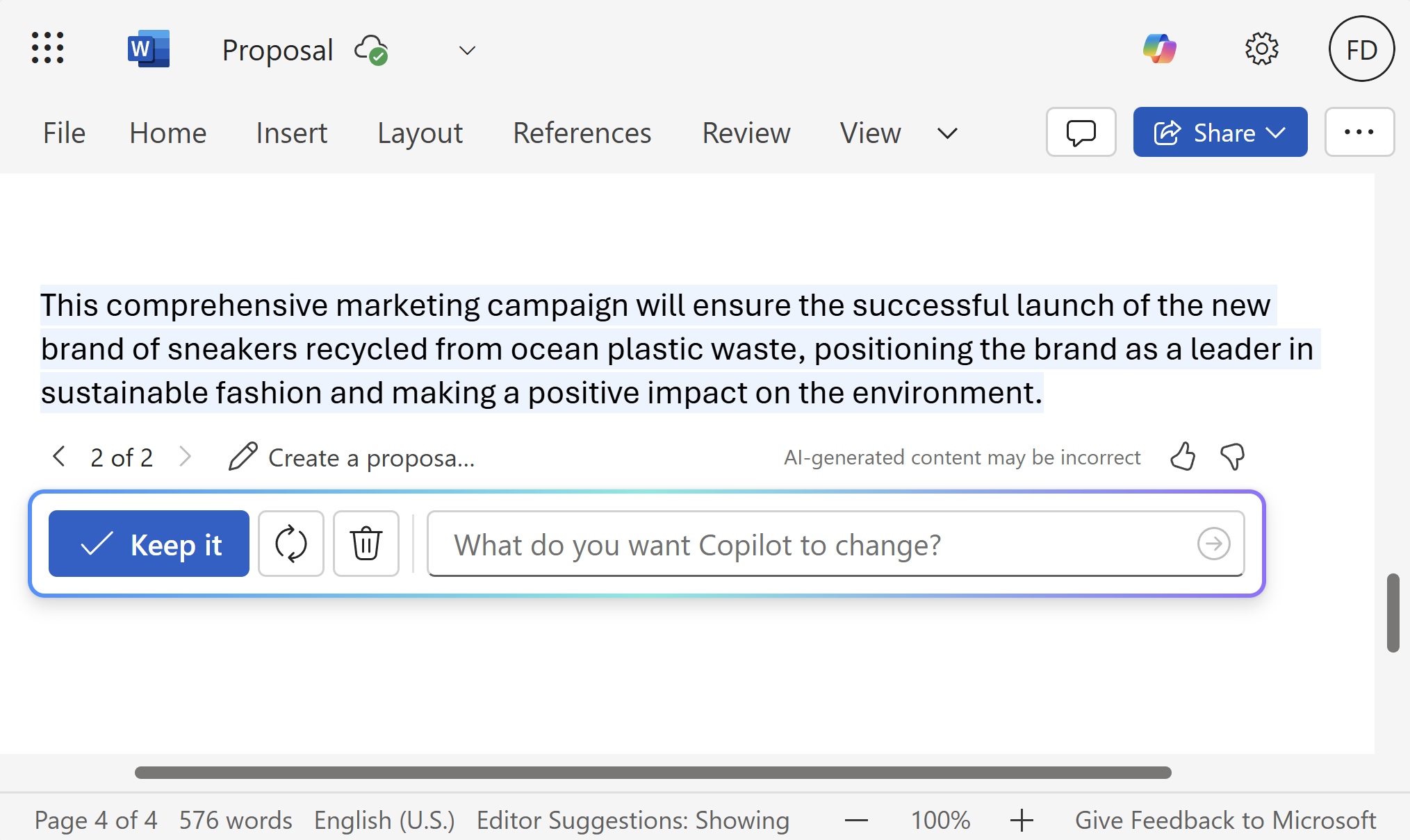 An open Copilot chat with the option to keep the draft or ask more questions.