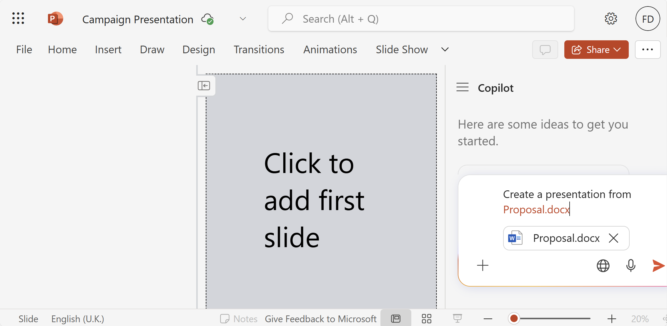 A screenshot of a blank PowerPoint document with the Copilot chat open on the side.