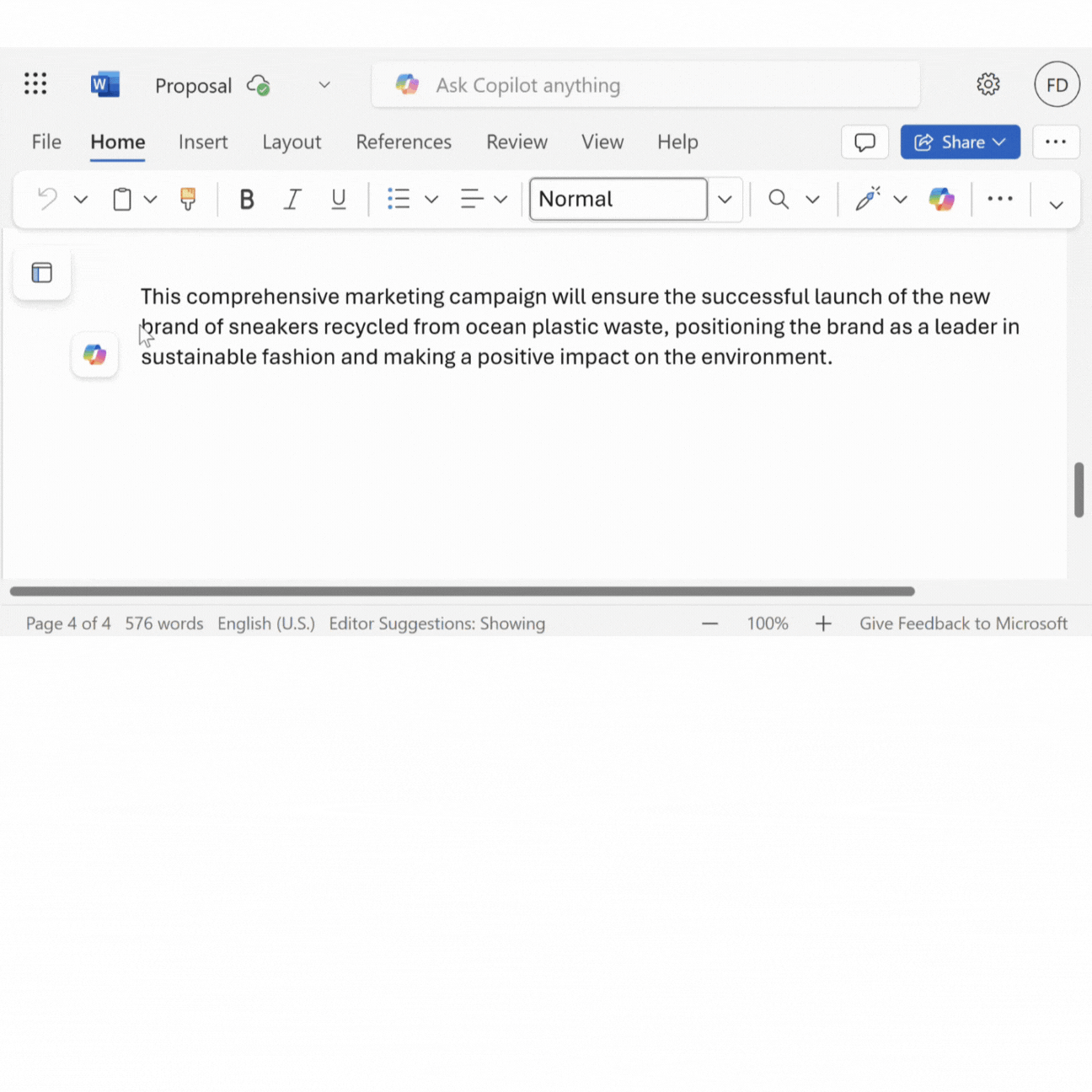 The paragraph that needs to be changed in the document, with different options suggested by Copilot