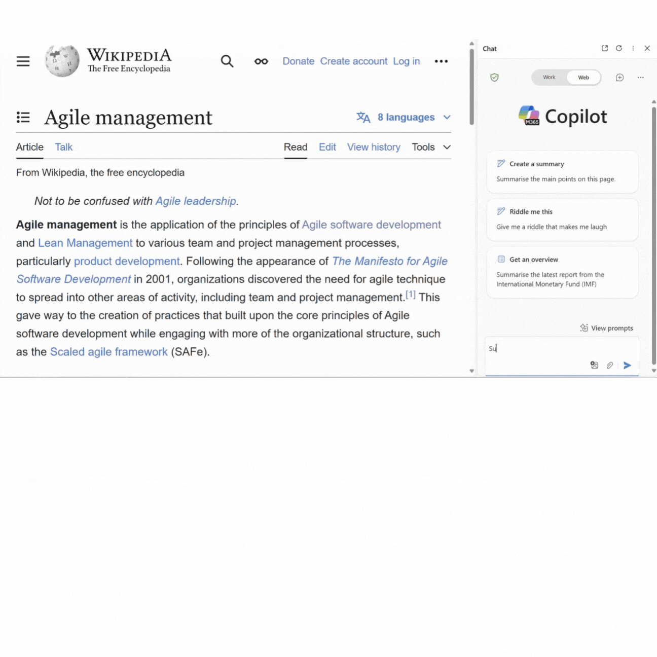 Copilot summarizing a webpage