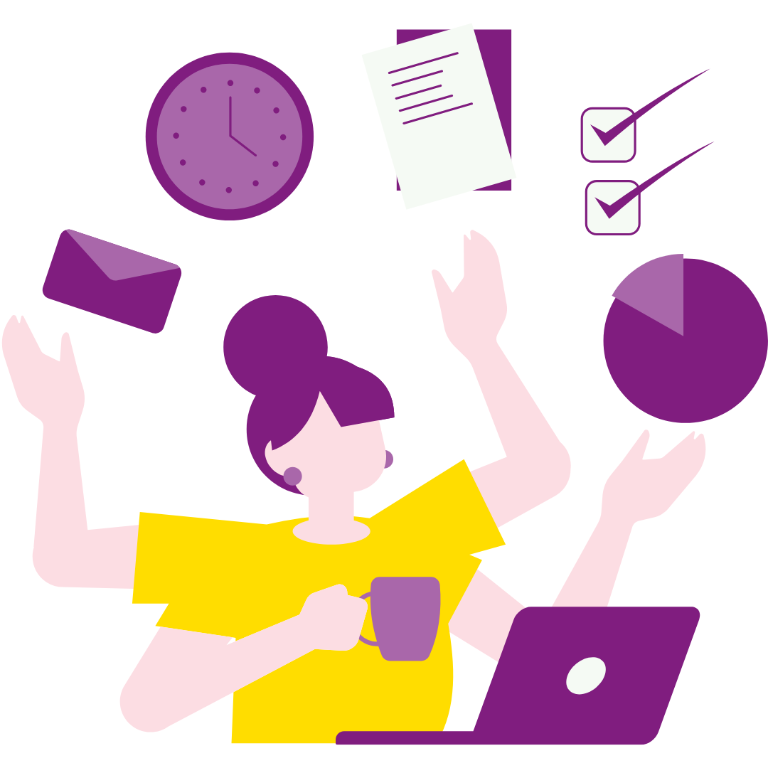 A person working at a laptop while multitasking.