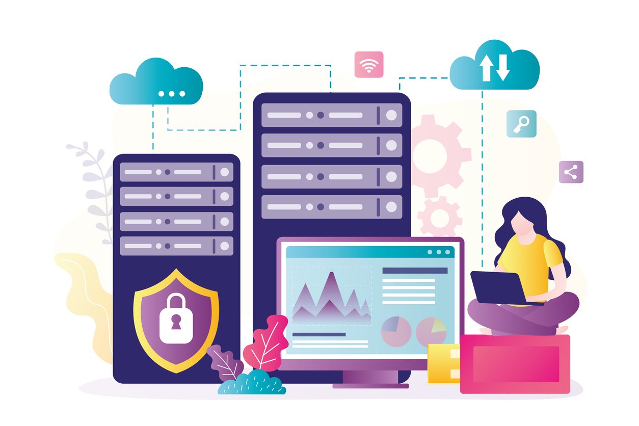 Icon of a person working on a laptop next to a computer server setup.