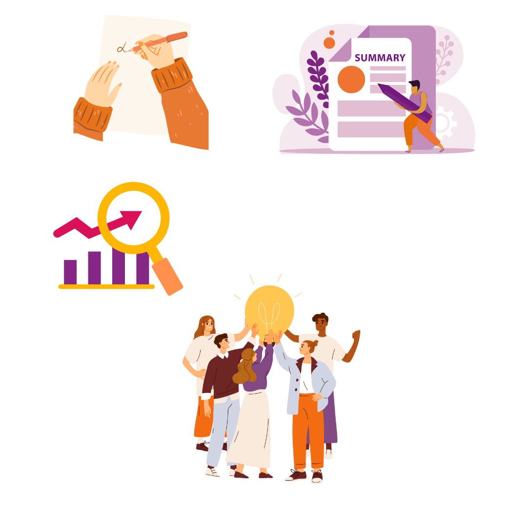 Four icons illustrating actions for creating, summarizing, analyzing, and collaborating on tasks.