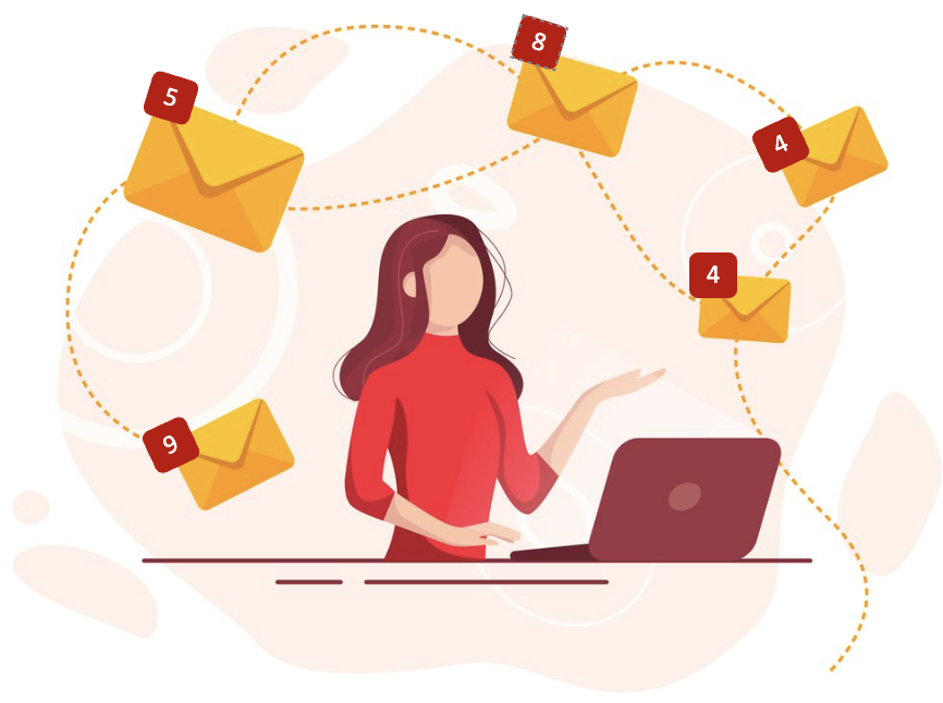 An illustration of a woman replying to multiple emails.