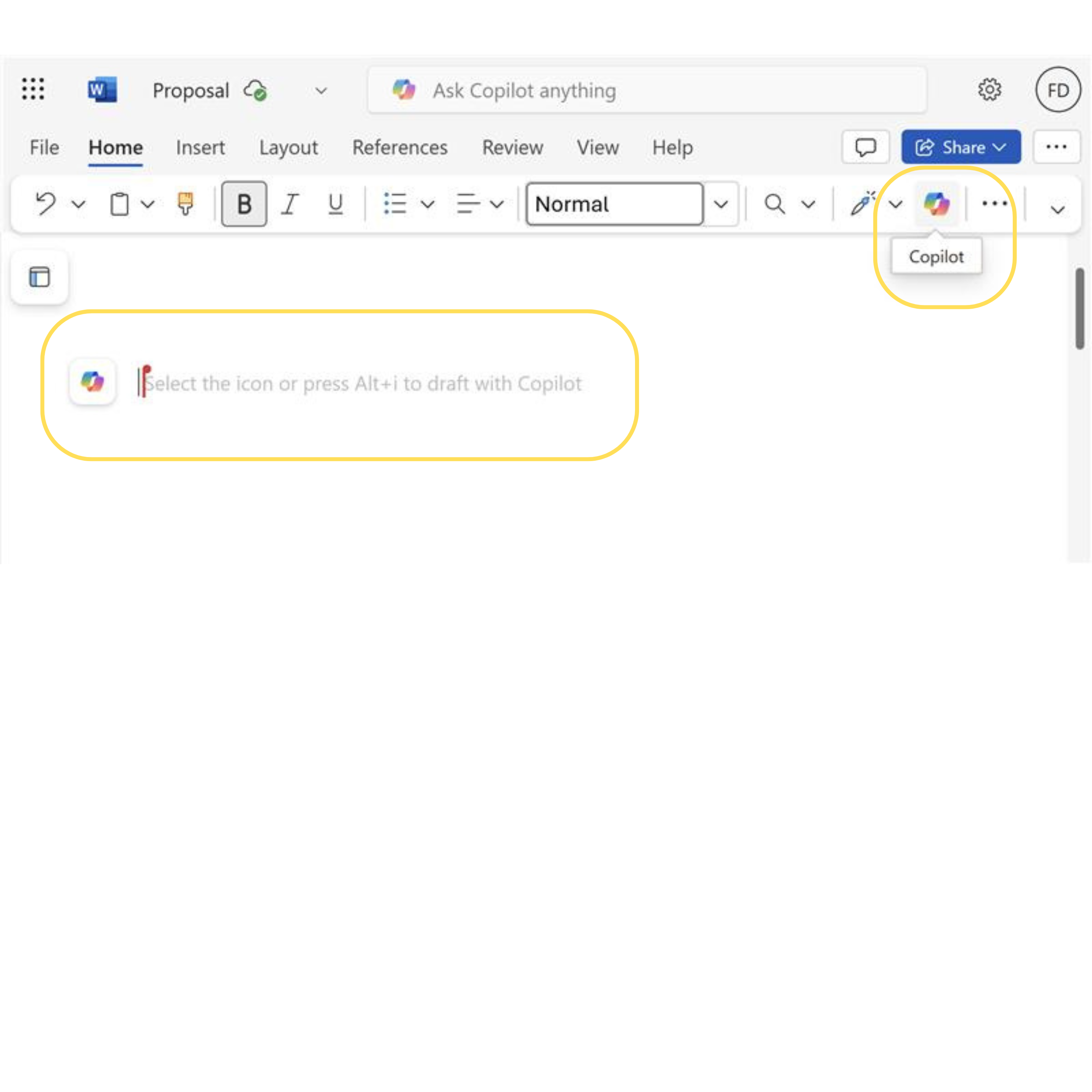 Screenshot of a blank document in Word with "press ALT+I to draft with Copilot, and the Copilot icon, highlighted
