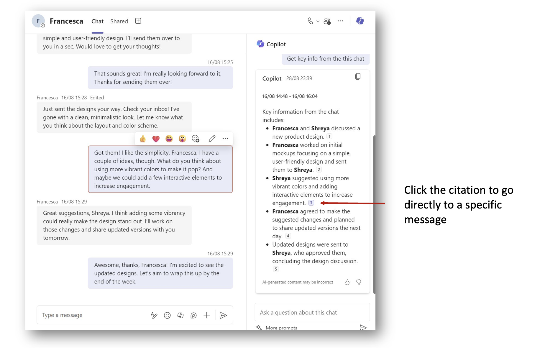 A screenshot of a Microsoft Teams chat with a side chat open with the answer from Copilot and a red arrow pointing to a reference taking us to the original message.