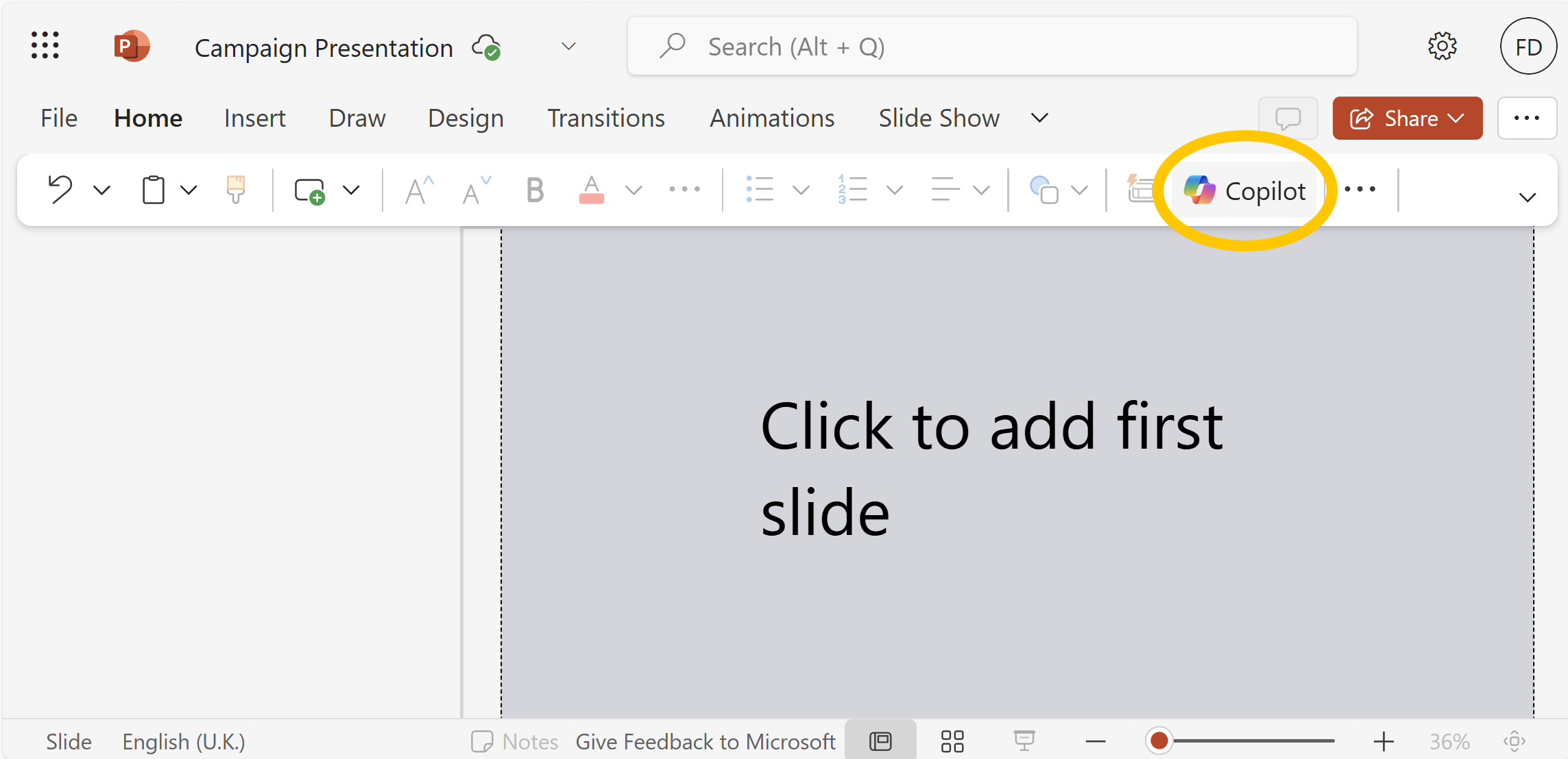 A screenshot of a blank PowerPoint document with the Copilot icon.