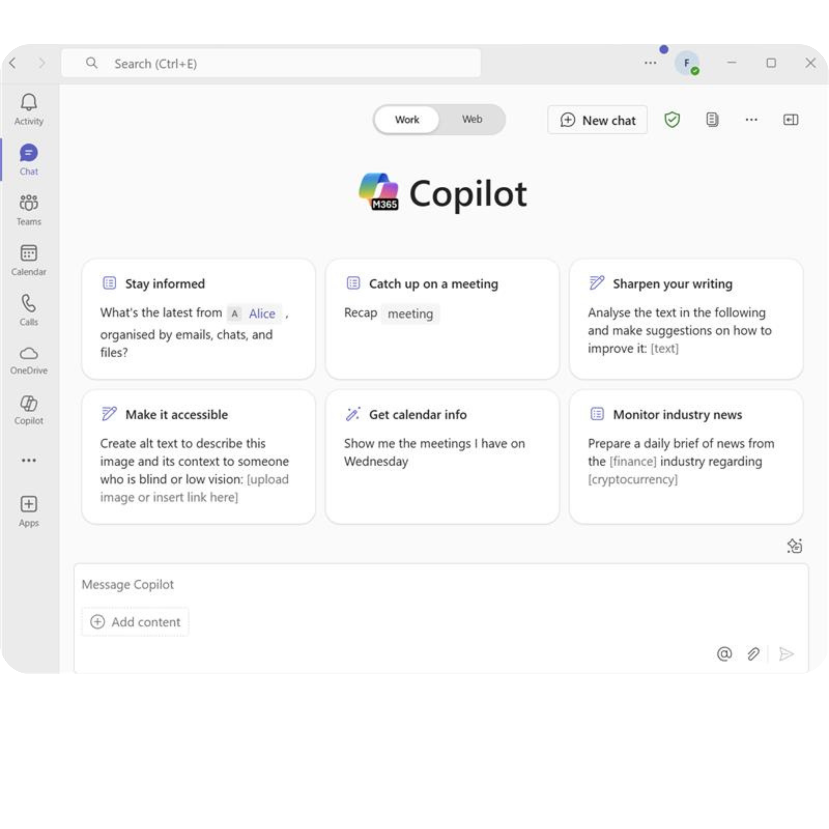 Copilot interface for Microsoft 365, presenting a range of productivity options such as maximizing time, understanding emails, and writing assistance for professional tasks.