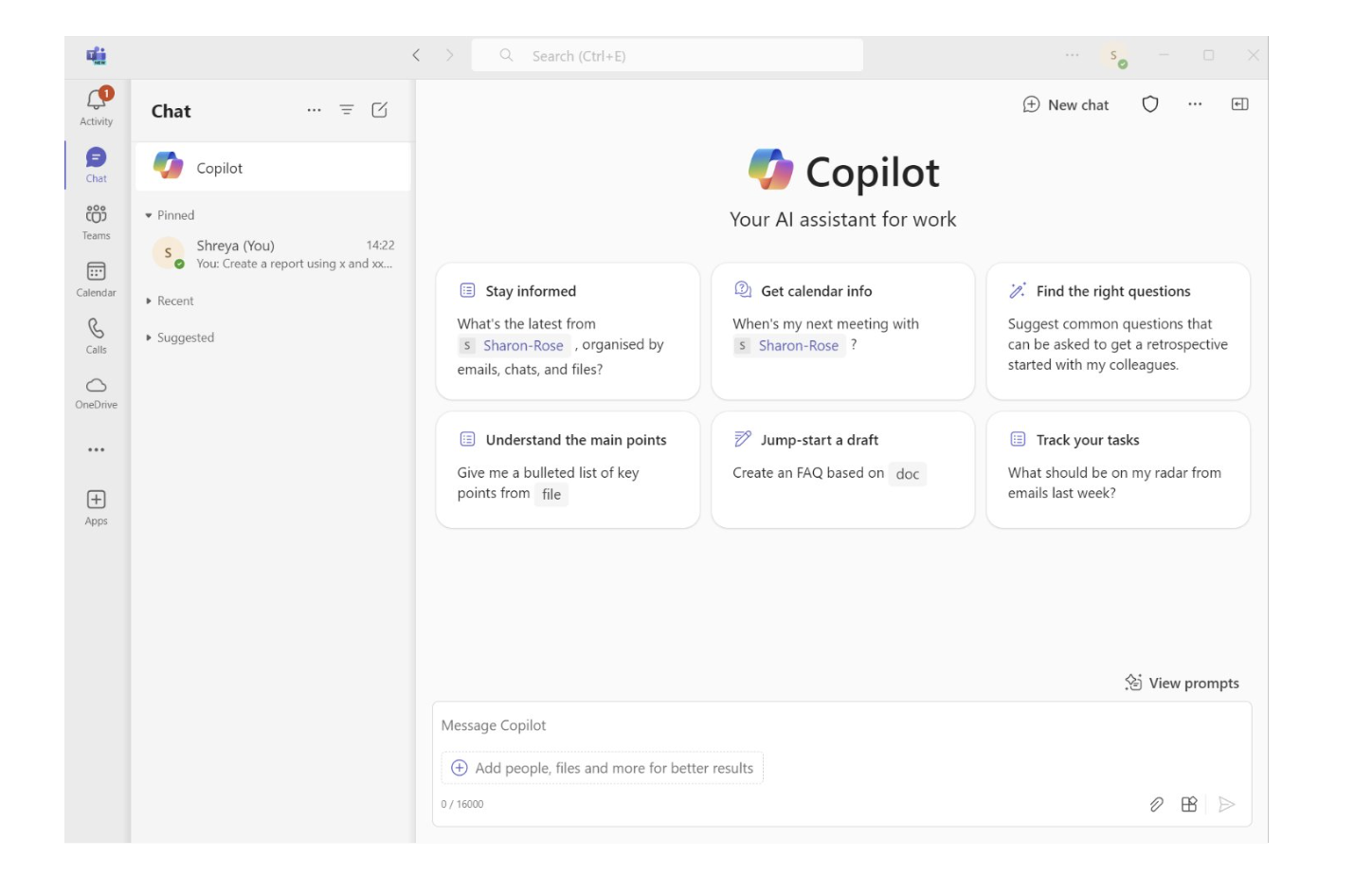 A screenshot of Microsoft Teams with the Copilot chat open.