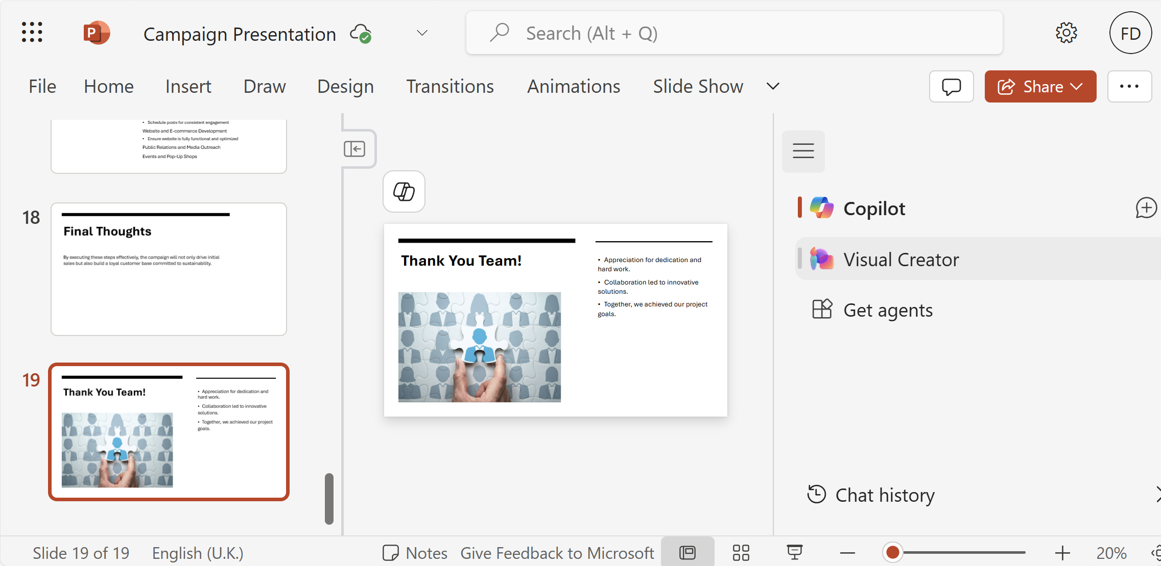 A screenshot of a PowerPoint slide with the Copilot chat open showing the conversation with a user asking to organize the slides.