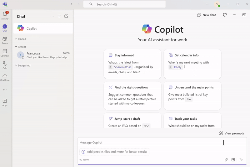 A demonstration of a user asking Copilot what Francesca has been working on.