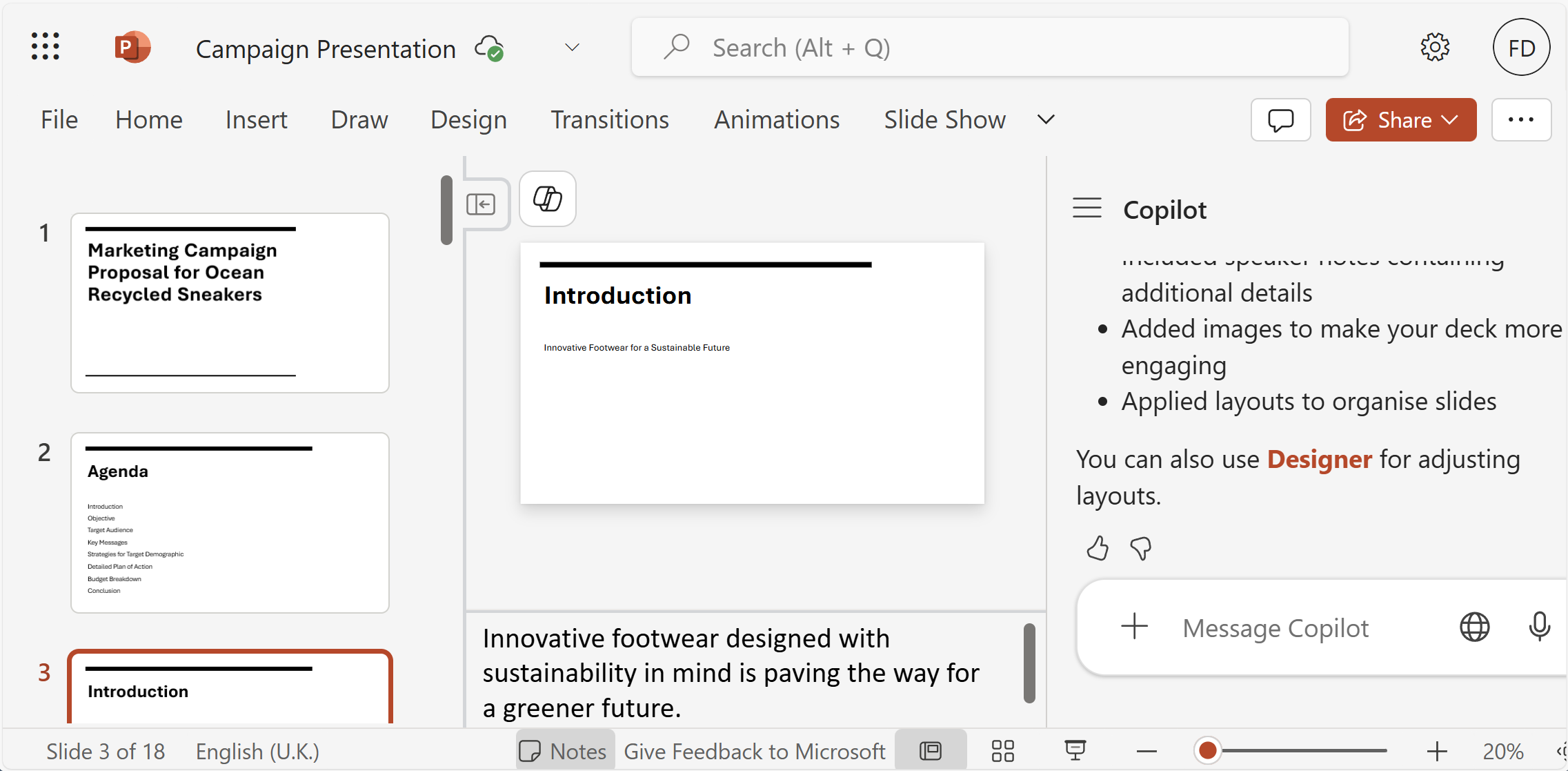 A demonstration of Copilot creating a presentation from an existing file as the starting point.