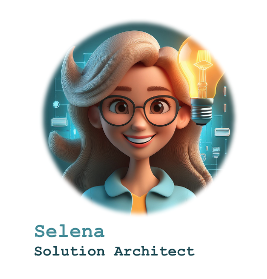 An illustration of a smiling woman with glasses, surrounded by digital icons and a glowing light bulb, with text beside her reading: "Selena, Solution Architect".