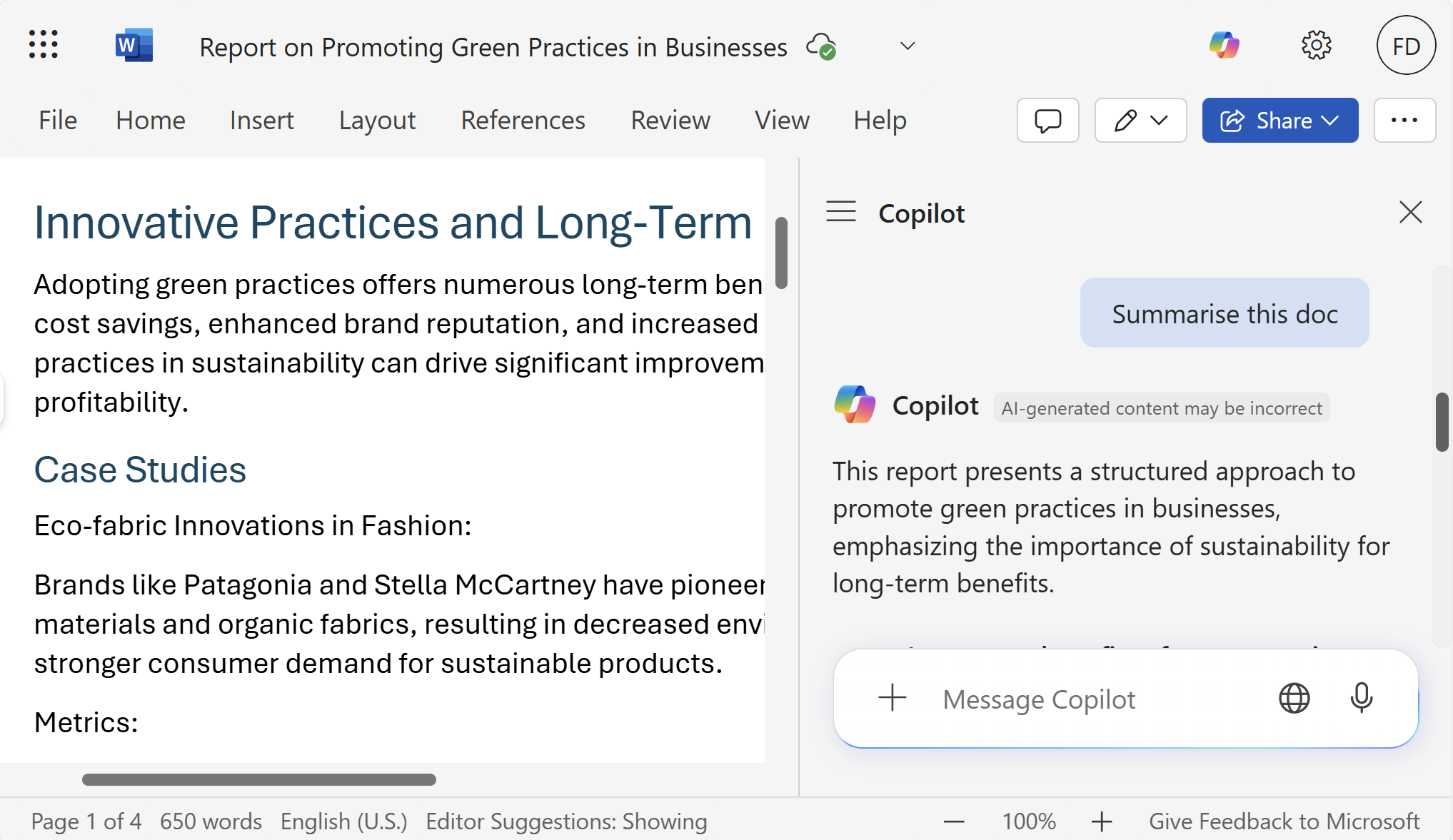 A screenshot of an open Word document with an open Copilot chat providing a summary of the document.