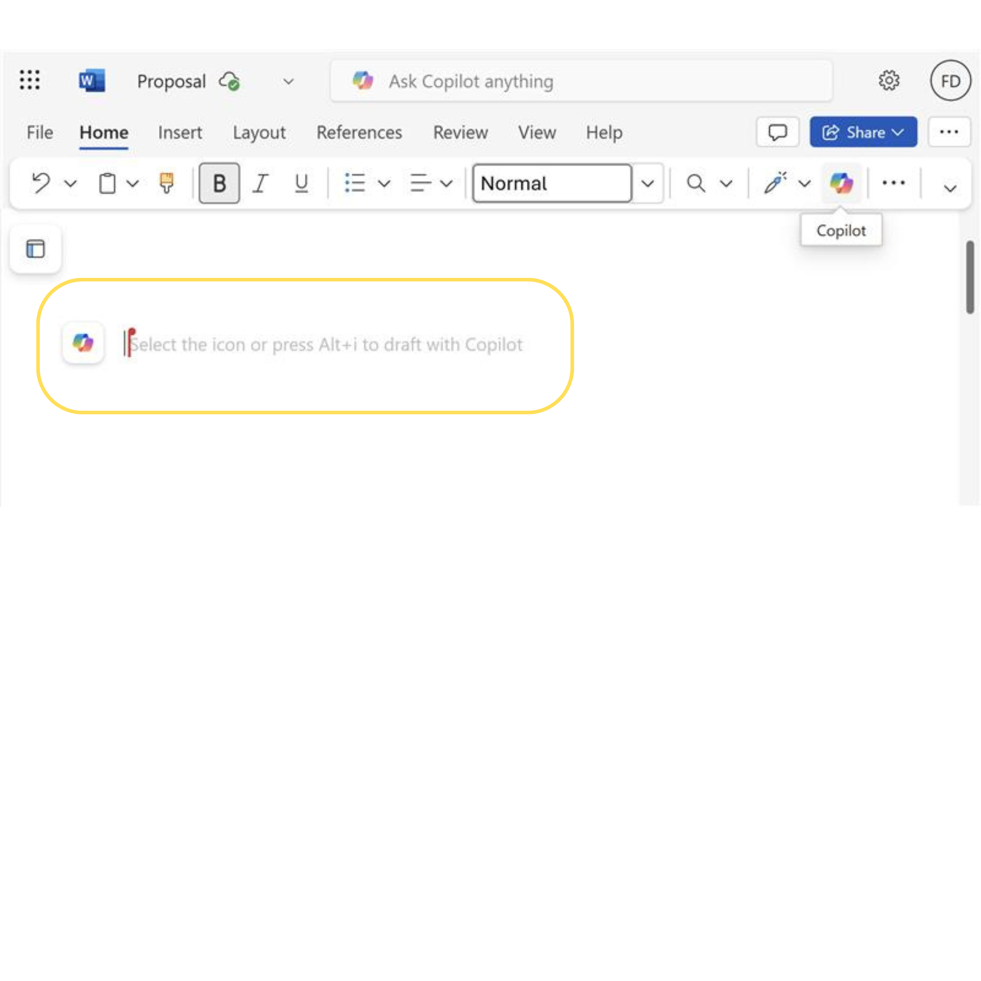 Screenshot of a blank document in Word with "press ALT+I to draft with Copilot highlighted