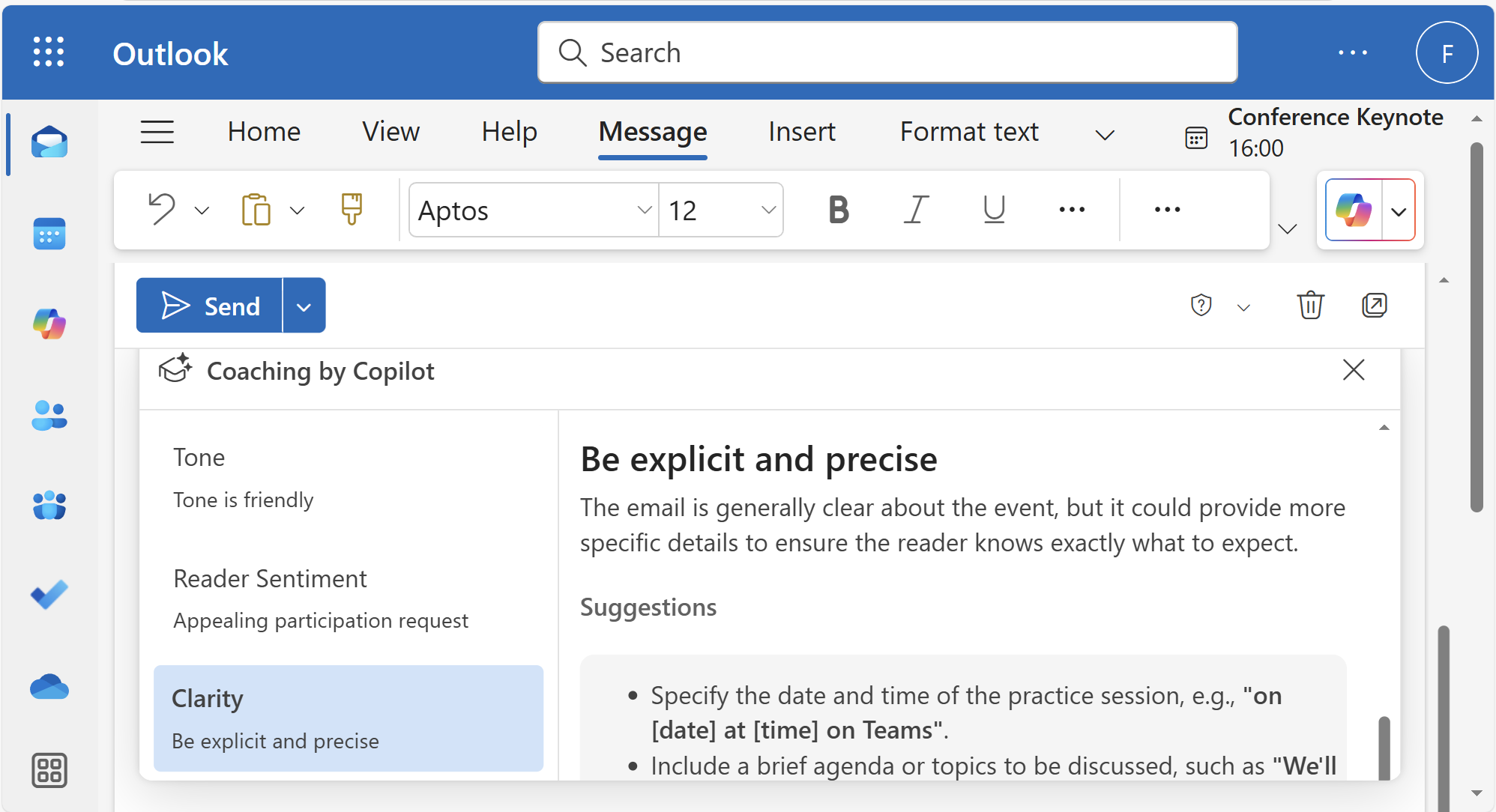 Reply from Copilot with tips on how to improve clarity