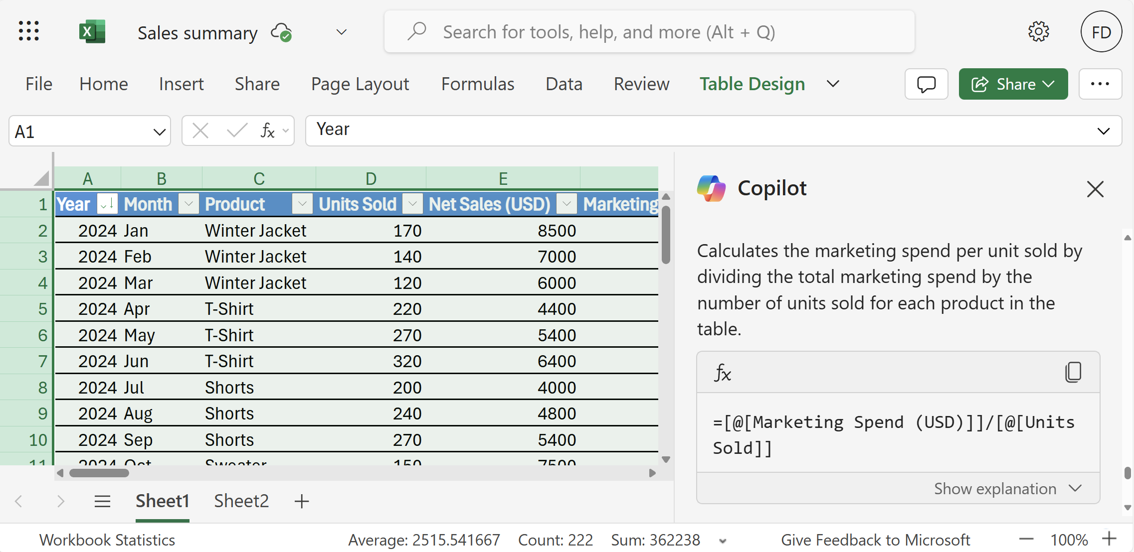 An open Excel document showing data for clothing products and a Copilot chat open on the side with an output of the formula