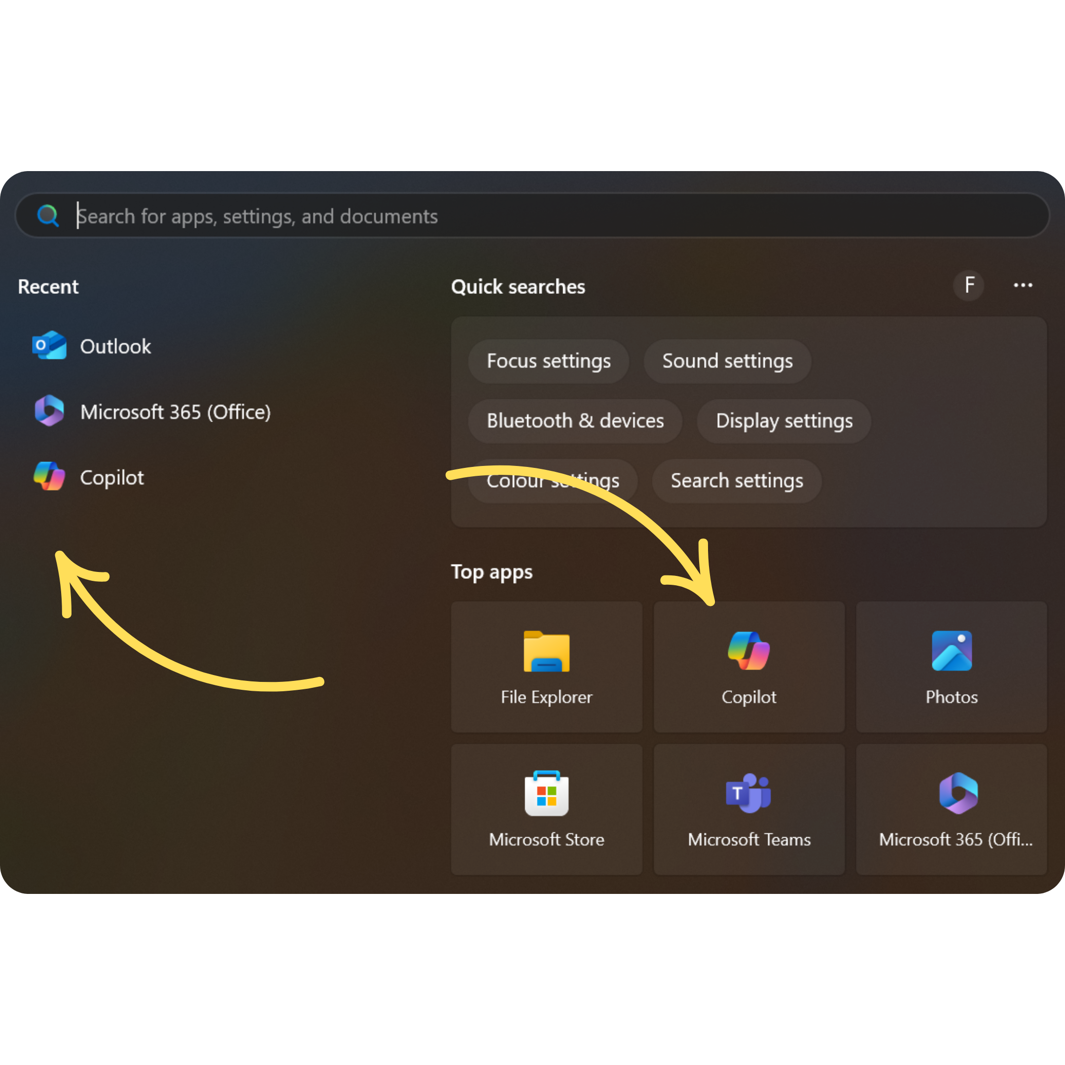 Windows search bar with arrows pointing to the Copilot icons
