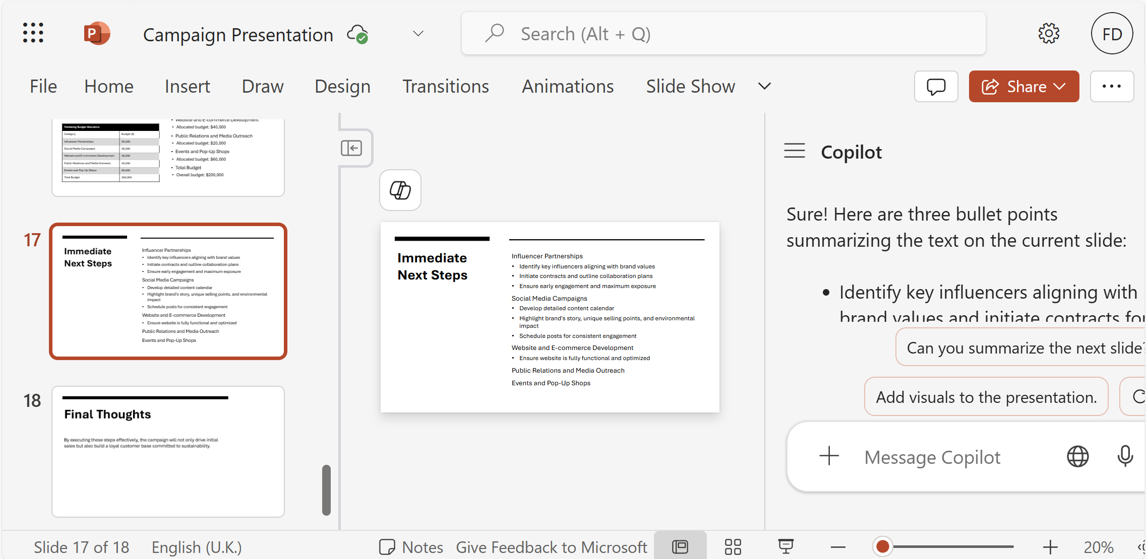A screenshot of a PowerPoint slide with the Copilot chat open showing the conversation with a user.