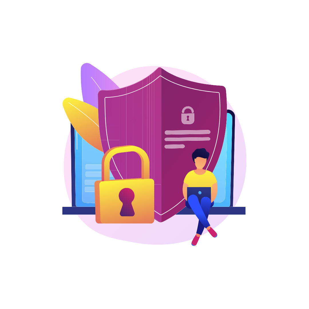 An image of a person working at a laptop next to a shield, representing data security and privacy.