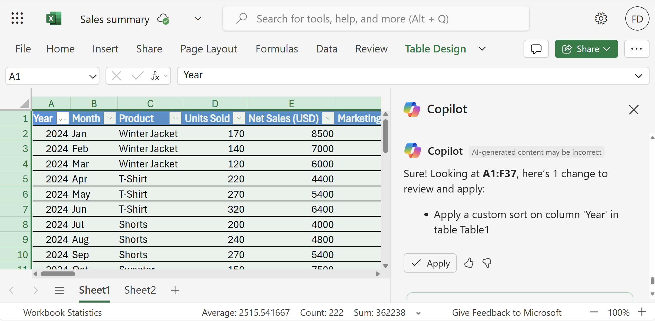 An open Excel document showing data for clothing products and a Copilot chat open on the side with a user asking to sort on the Year column.