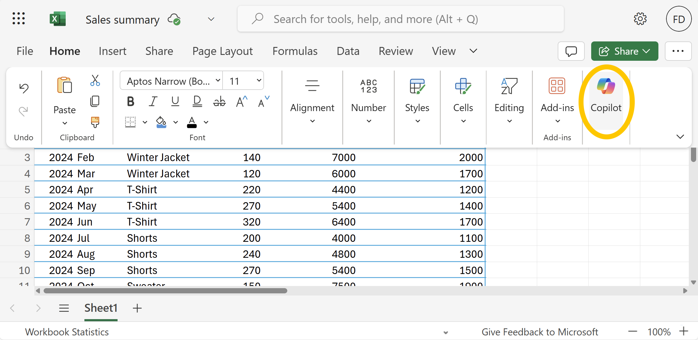 Screenshot of Excel worksheet with the Copilot icon highlighted.