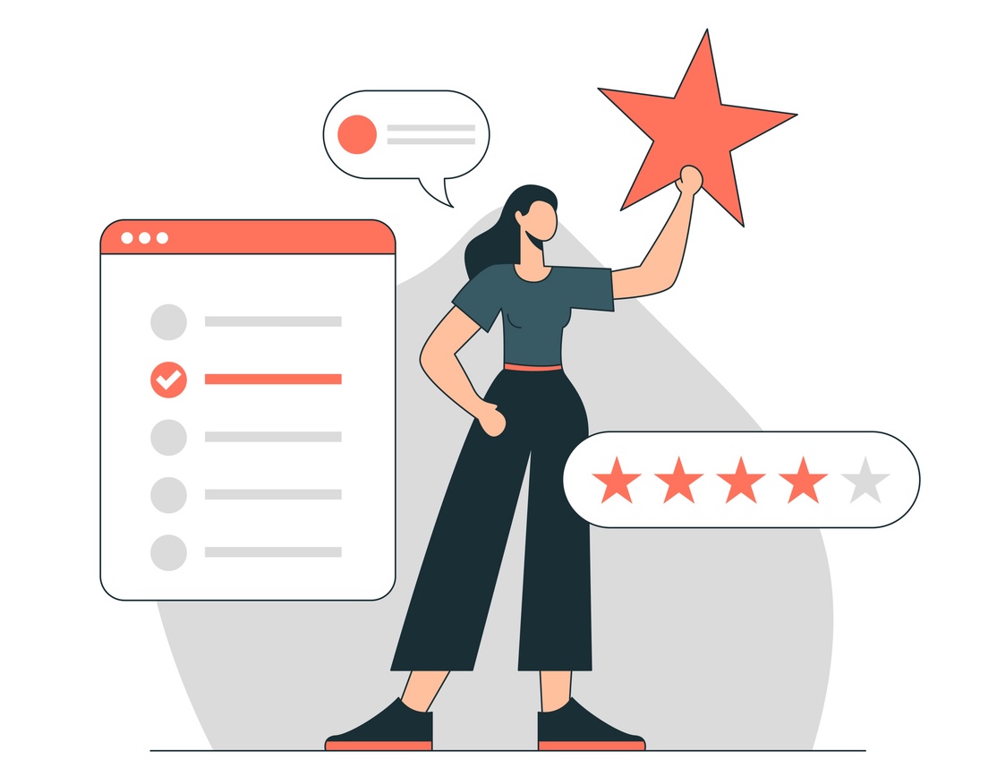 An illustration of a woman holding a star with icons representing ratings around her.