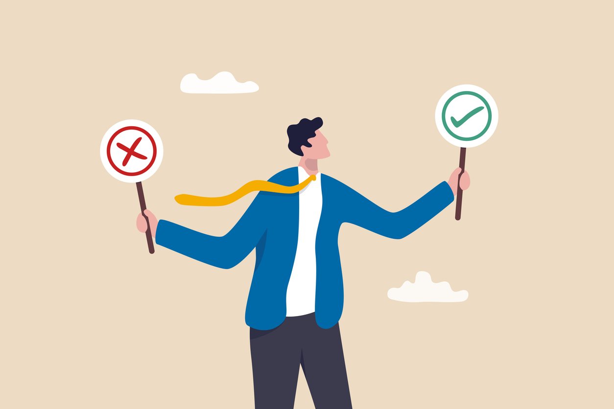 A person holding two signs in his hands: one with an 'Accepted' icon and one with a 'Rejected' icon.