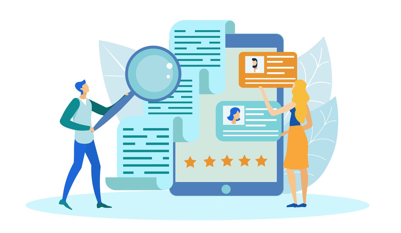 A picture of a man and a woman analyzing feedback and texts.