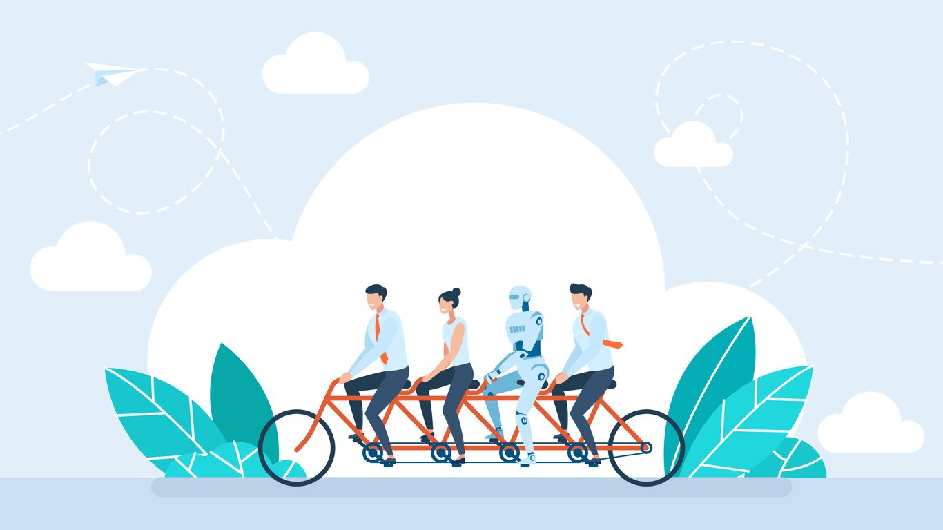 An illustration of a person riding a four-seater bicycle with three robots symbolizing collaboration between humans and machines.