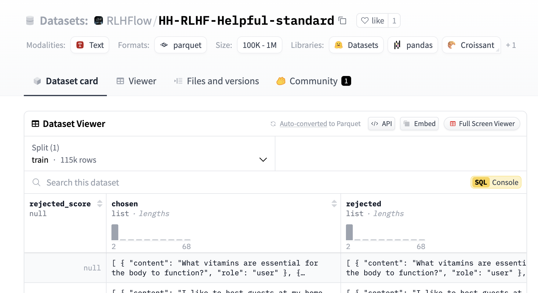 A screenshot of the Hugging Face platform showing the hh-rlhf dataset.