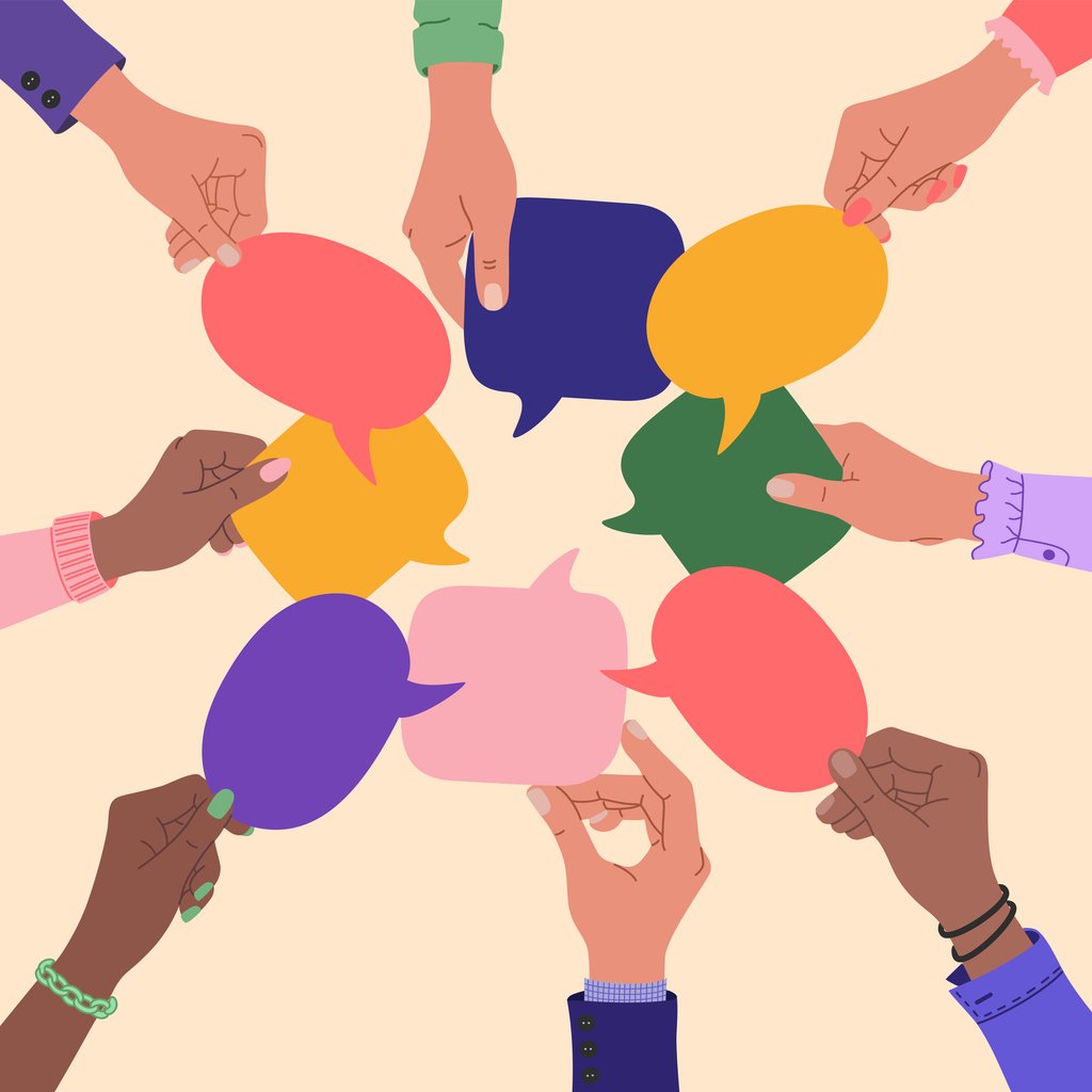 An image of hands with different callout bubbles representing diverse opinions.