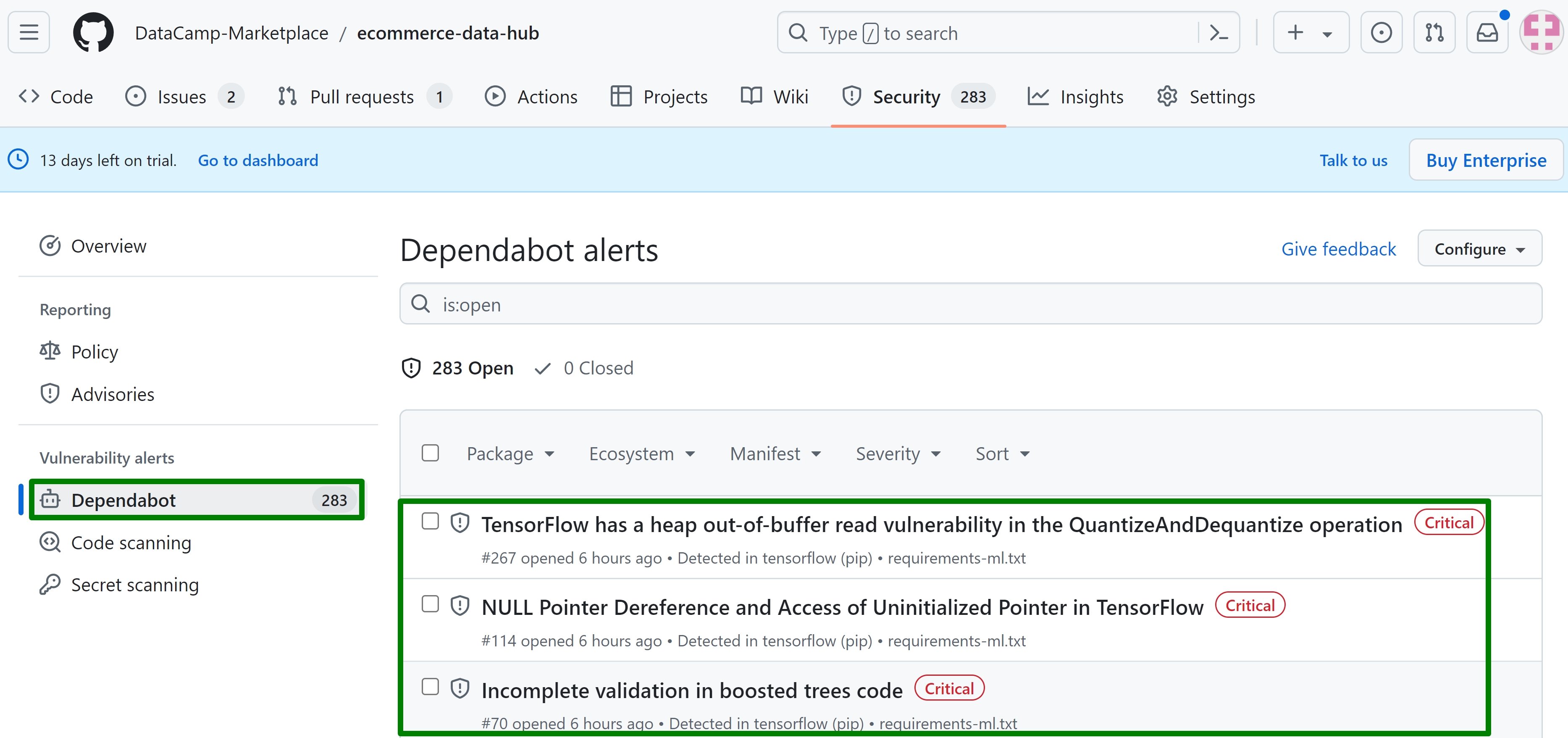 Viewing Dependabot Alerts