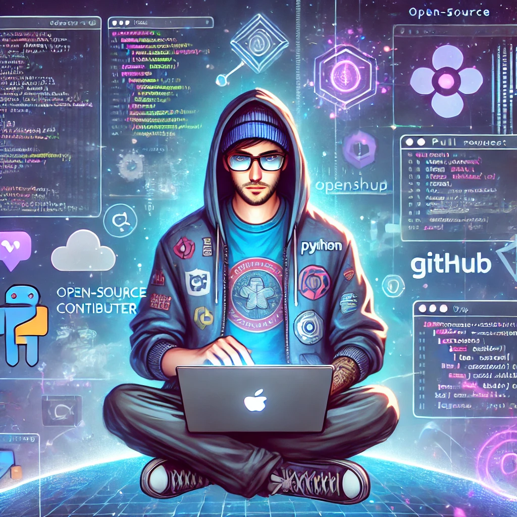 A cool open-source contributor working on a laptop