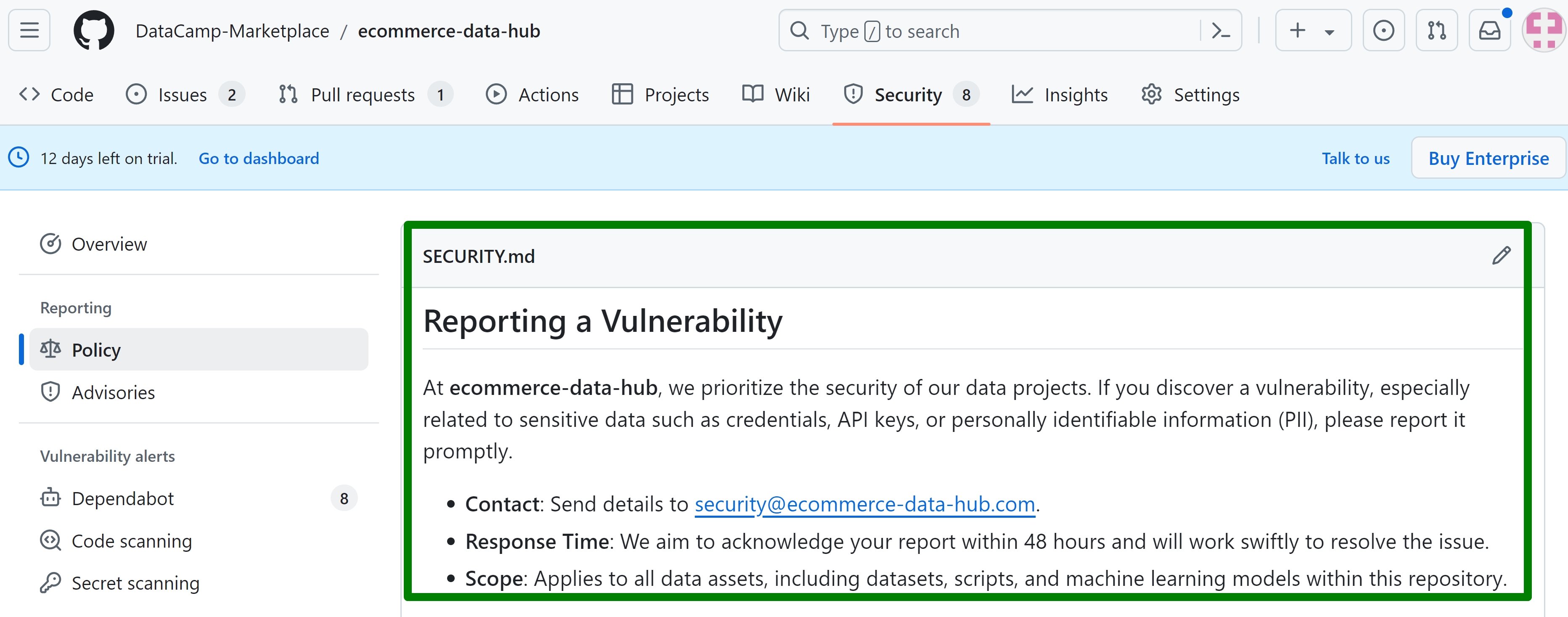 Checking the SECURITY.md file in the Security tab