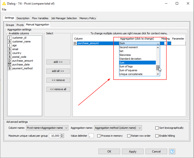 a screenshot of the configuration of the pivot node with a view on the aggregation methods