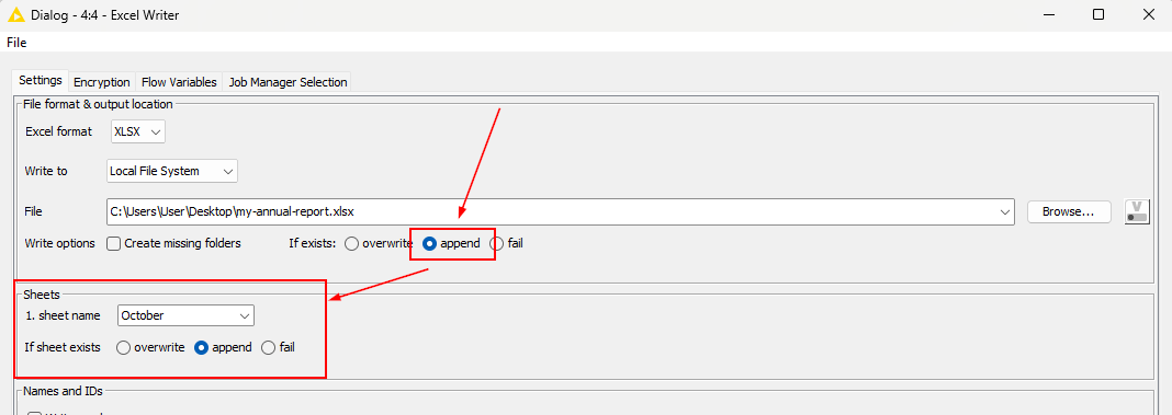 image of the configuration for appending sheets in the KNIME Excel Writer node