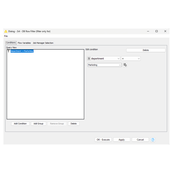 screenshot of the DB Row Filter node's configuration