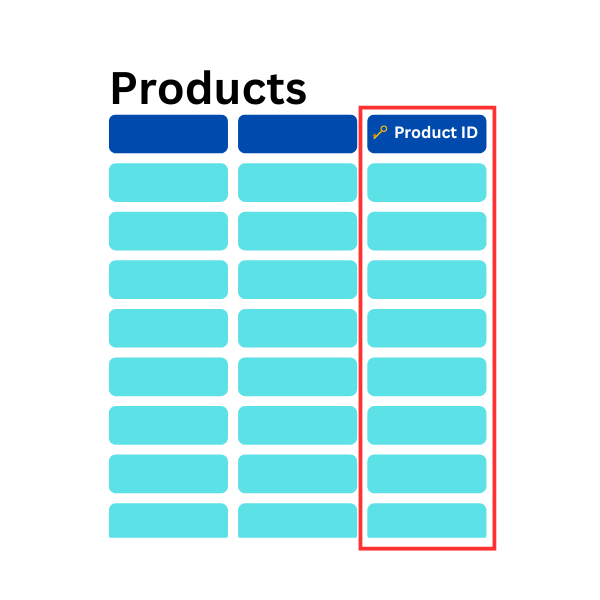 icon for the products table with the product ID column as key highlighted