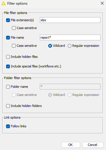 an image of the Excel Reader node filter configuration for reading multiple files