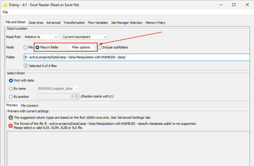 an image of the Excel Reader node configuration for multiple files