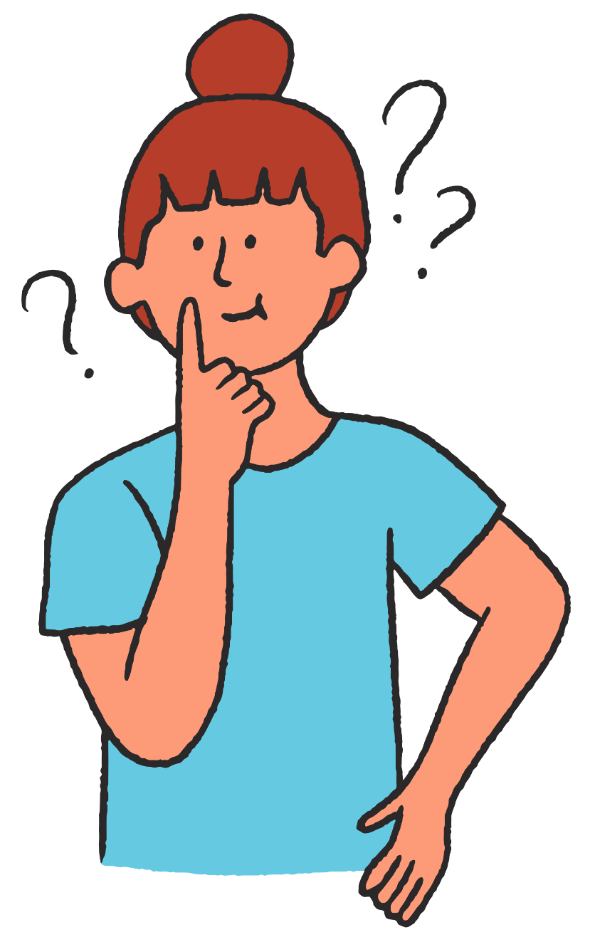 A person with a thinking expression and question marks around their head