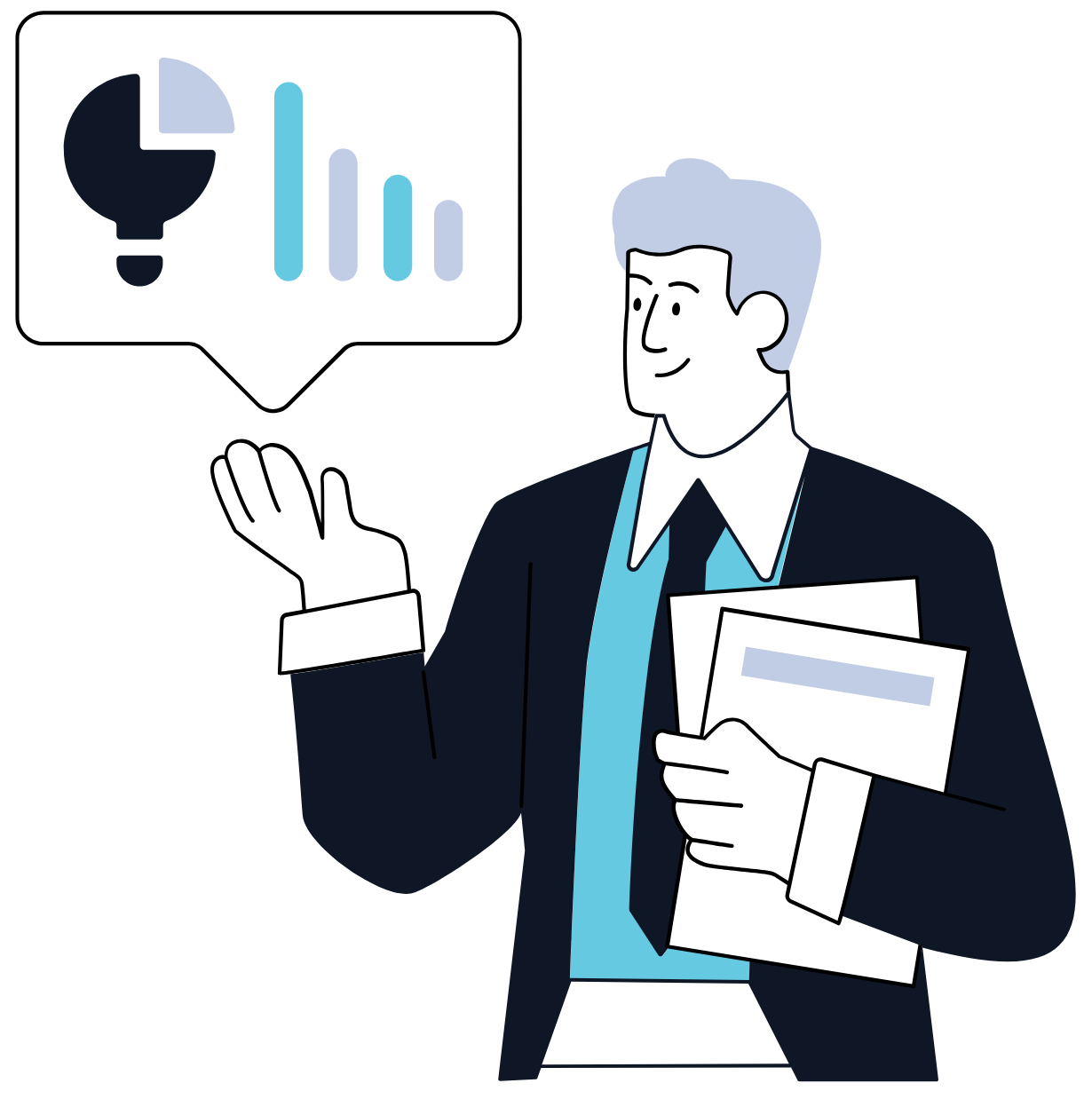 An illustration of a person with paperwork and a graph to represent a financial analyst