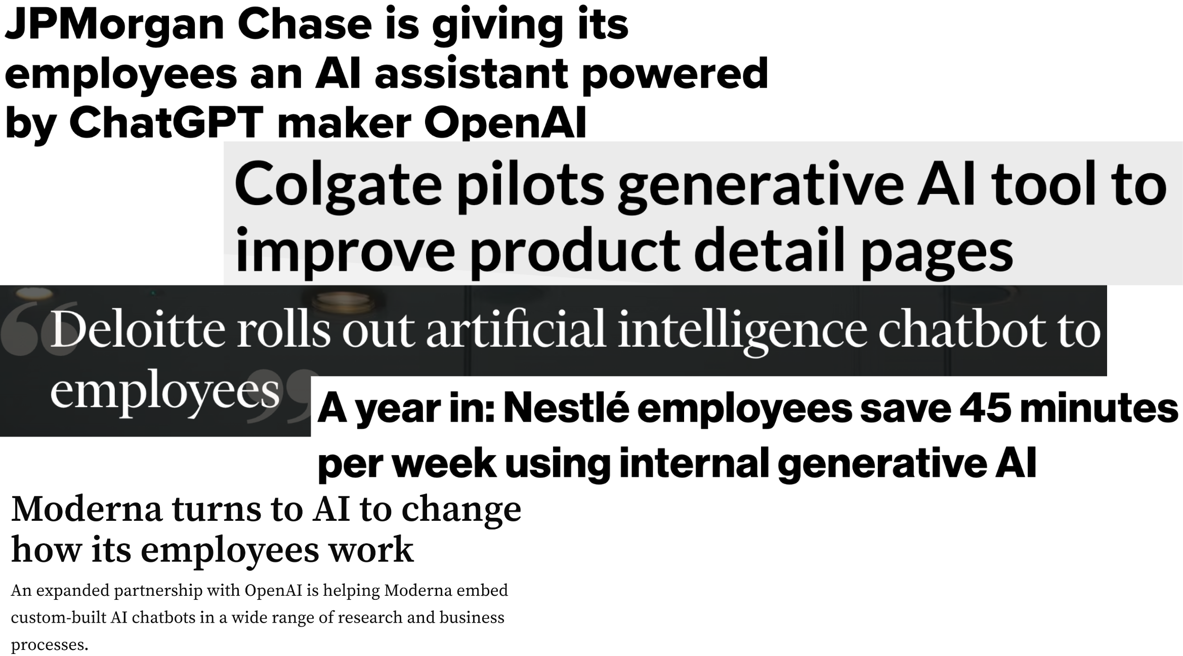 News headlines of businesses developing and adopting GPT models