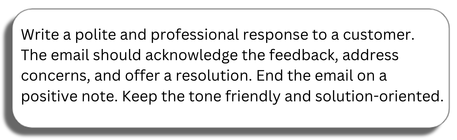 Prompt window: Write a polite and professional response to a customer. The email should acknowledge the feedback, address concerns, and offer a resolution. End the email on a positive note. Keep the tone friendly and solution-oriented.