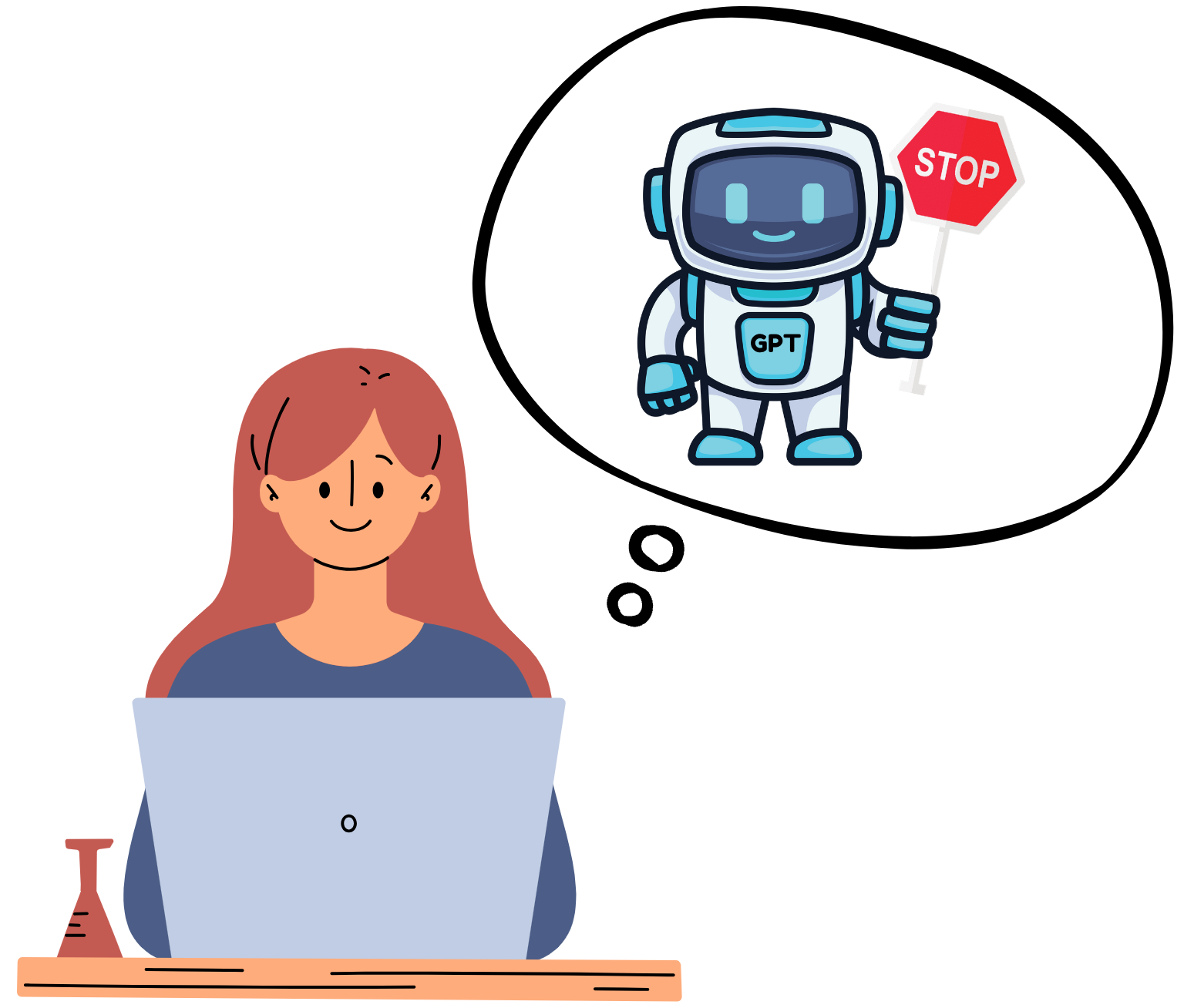 A person sitting with a laptop and a thought bubble containing the GPT robot holding the stop sign.