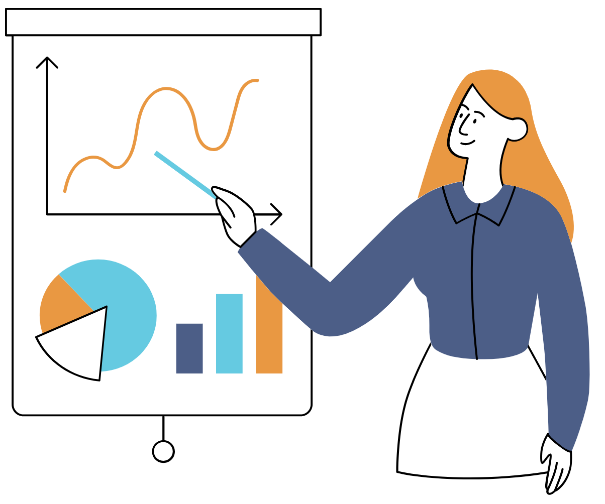 An illustration of a person pointing at a graph to represent another analyst working on an earnings report