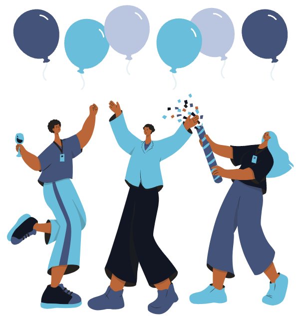 Group of people celebrating under balloons
